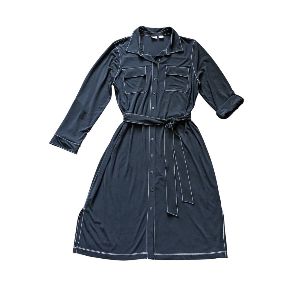 Chicos Travelers Jersey Knit Belted Shirt Dress 3/XL Black Mature Euro Summer
